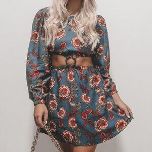 AMAZING LACE Mink Pink Teal Floral Cutout Mini Dress